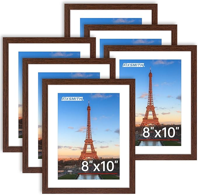 FIXSMITH 8x10 Picture Frame Bulk-6 Pack, Photo Frame with HD Plexiglass, Display Pictures 5x7 with Mat or 8x10 Without Mat, Brown Picture Frames Collage Wall Decor, Wall & Tabletop Picture Frames