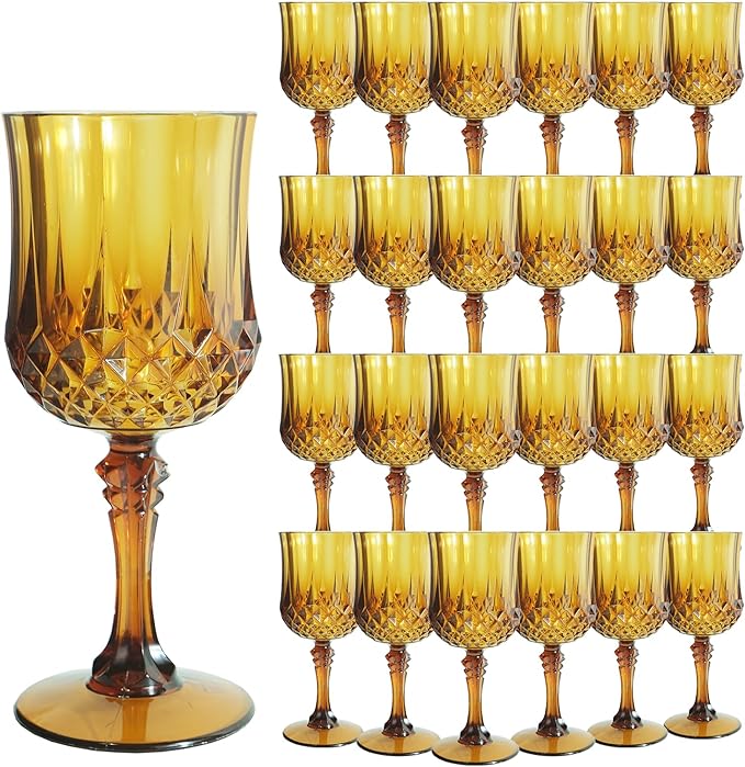 Plastic Wine Glasses，Plastic Goblets Vintage Style Cordial Drinking Glasses for Wedding Reception, Grand Event Party Supplies (24, Amber)