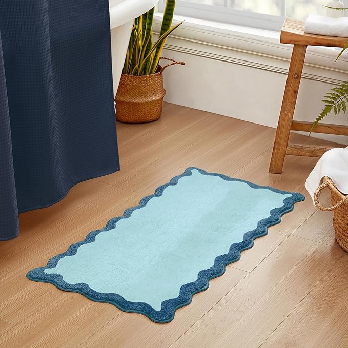 MONDAY MOOSE Bath Mat with Scalloped Wavy Ripple Design, Microfiber Absorbent Non Slip Tufted Rug for Floor, Shower or Kitchen (24x47 inch, Blue)