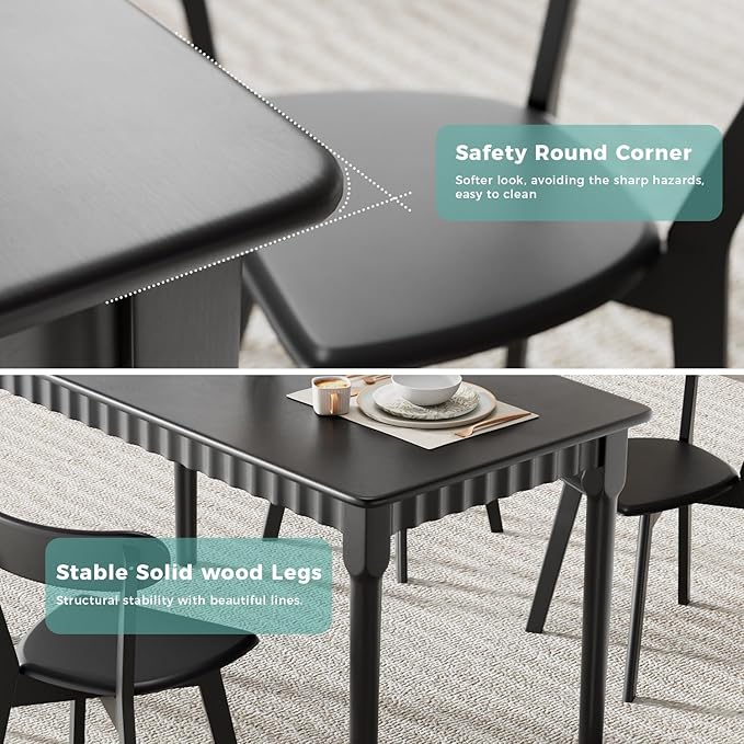 59 Inch Solid Wood Dining Table for 4-6, Farmhouse Kitchen Table with Large Tabletop, Mid Century Modern Table for Dining Room, Living Room, Kitchen, Easy Assembly, Black