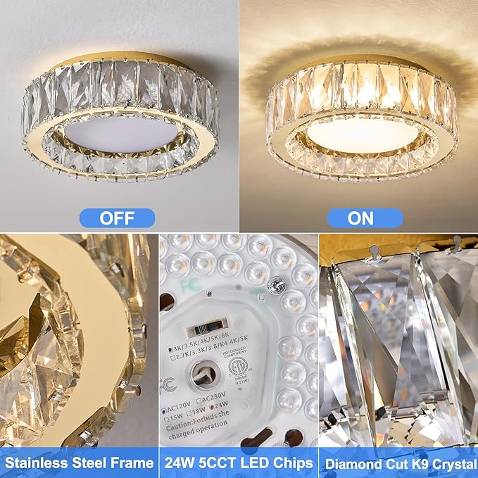 Dimmable Modern Luxury Crystal LED Flush Mount Ceiling Light,11 Inch 24W/5CCT 3000K-6000K Gold Small Close to Ceiling Lighting Fixtures for Kitchen,Entryway,Laundry Room,Porch
