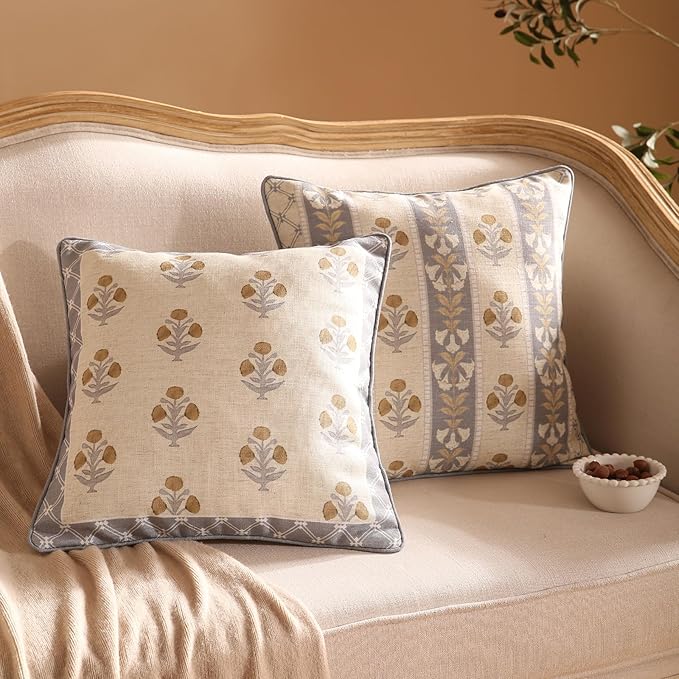 patdrea Designer Square Throw Pillow Covers Set of 2,Rustic Linen with Elegant Grey Blue Floral Pattern Pillows Cover,Decorative Pillowcases Cushion for Bed Living Room Outdoor Car,18 x18 Inches