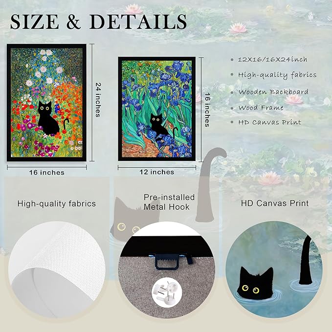 Krtoni 3Pcs Framed Black Cat Wall Art, Vintage Funny Black Cat in Water Lilies Poster Prints Paintings, Garden Flowers Cat Aesthetic Wall Decor, for Bathroom Living Room Bedroom 16" W x 24" H