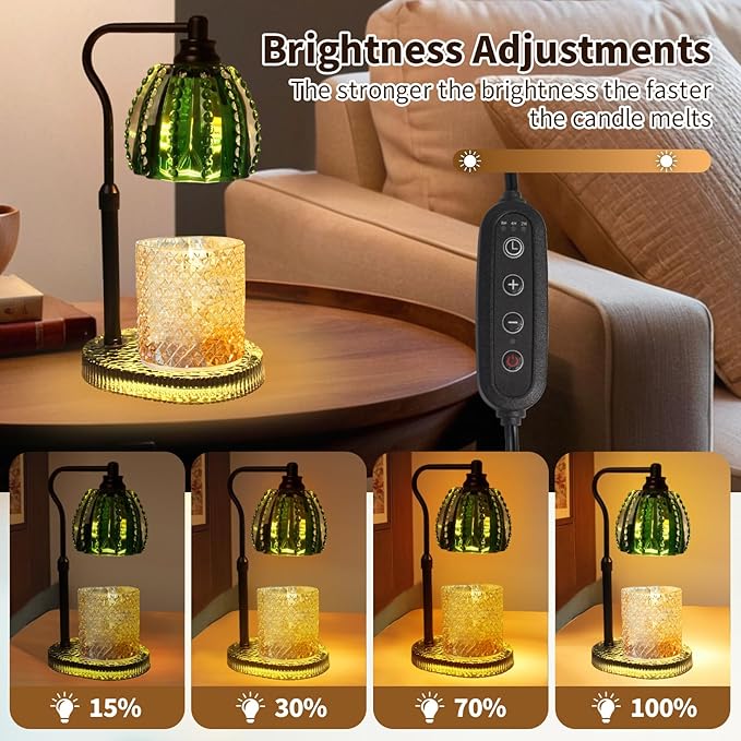 Candle Warmer Lamp with Timer: Adjustable Height and 4 Dimmer, Crystal Glass Base, Heater Wax Warmer for Jar Scented, Home Décor and Housewarming & Birthday Gift for Mom Woman, 2 Bulbs（Jade Green）