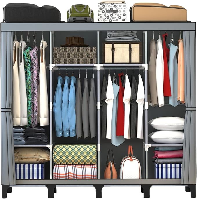 Non-Woven Wardrobe, No Tools Required, Large Capacity, Easy Assembly, Movable, Storage Rack, Waterproof, Dustproof, Stain Resistant, Black, 67.7 x 172 cm (Grey, X-Large)