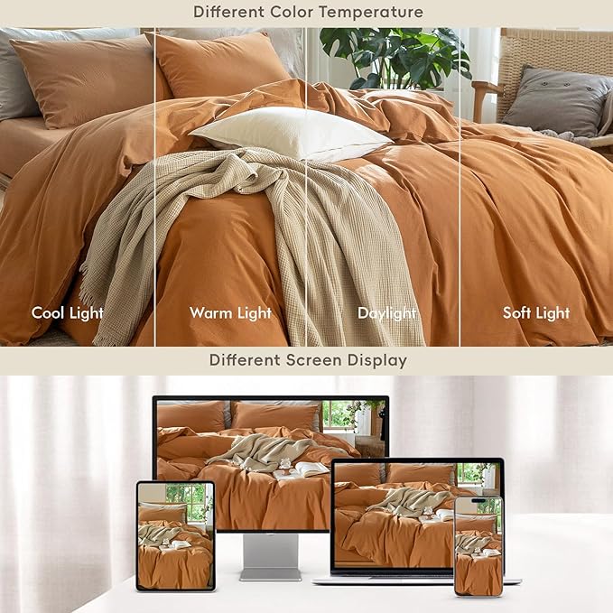 MooMee Bedding Duvet Cover Set 100% Washed Cotton Linen Like Textured Breathable Durable Soft Comfy (Solid Burnt Orange, Super King 108"x98")