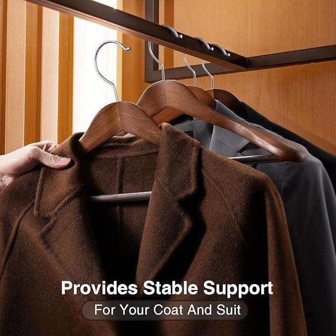 Suit Hangers 6 Pack,Wide Shoulder Wooden Hangers,Solid Wood Coat Hangers with Heavy Duty Retotating Hooks & Non Slip Pants Bar,Smooth Finish Clothes Hanger for Sweater, Pants, Jacket(Walnut)