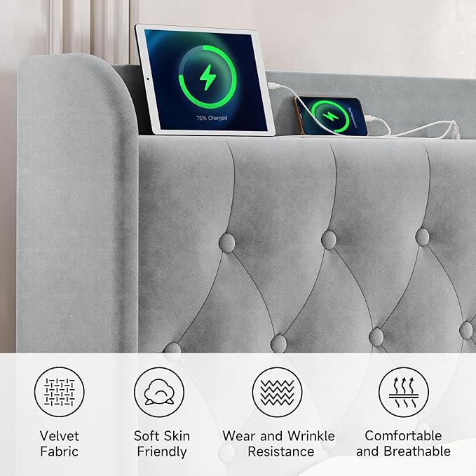 koorlian Queen Bed Frame with Headboard, Adjustable Velvet Upholstered Bed Frame with Type-C&USB Ports, Wingback Storage Headboard, Solid Wood Slats Support, No Box Spring Needed, Light Gray