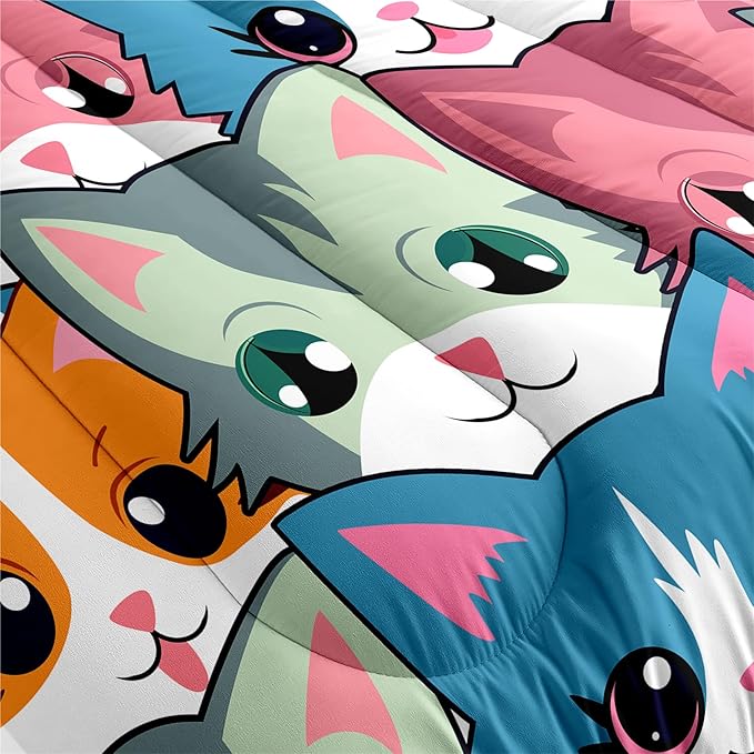 Cat Twin Comforter Set for Girls - Neon Cat Bedding Set for Girls Bedroom, Twin Size