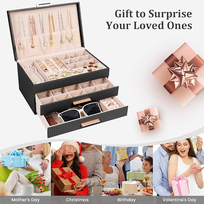 Dajasan Jewelry Boxes for Women, Jewelry Storage Organizer with 2 Drawers, Jewelry Organizer Box for Necklaces Rings Earrings Bracelets, Gift Idea, 10.71 x 7 x 5.6 Inches (Black)