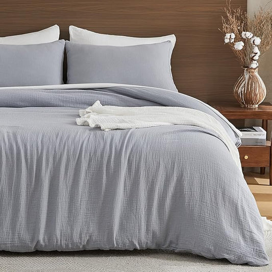 EMME Muslin Cotton Duvet Cover Set Light Grey Queen Size Linen Like Soft Breathable Lightweight Summer Comforter Cover Set with Zipper Closure (Light Grey, Queen, 90"x90")
