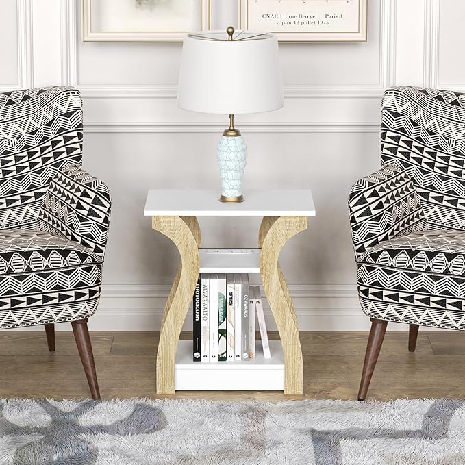 End Table with Charging Station, Side Table with USB Ports and Outlets, 3 Tier Nightstand Sofa Table for Small Spaces, Beside Table with Storage Shelf for Living Room, Bedroom