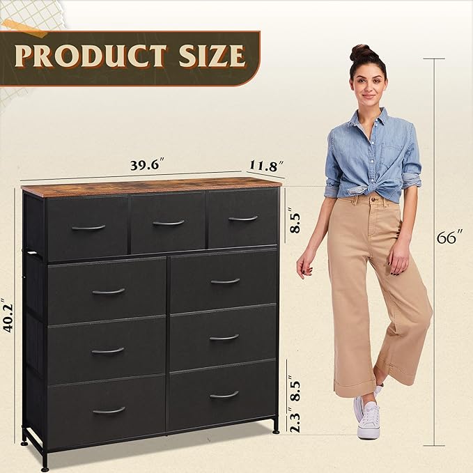WLIVE 9 Drawer Dresser, Fabric Storage Tower for Bedroom, Hallway, Closet, Tall Chest Organizer Unit for Bedroom with Fabric Bins, Steel Frame, Wood Top, Easy Pull Handle, Black and Rustic Brown