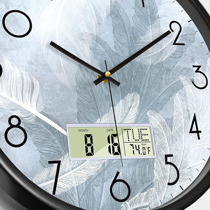 SCAOGE Digital Wall Mount Clock with Date Temperature Day White with Blue Feather Unique Silent Calendar Clocks Battery Operated Large Display Decorative for Bathroom Kitchen Office Bedrooms 12 Inch