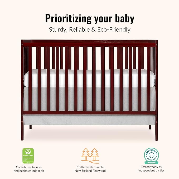 Dream On Me Synergy 5-in-1 Convertible Full-Size Baby Crib with Toddler, Day & Full Bed Conversion in Cherry, GreenGuard Gold & JPMA, 3 Mattress Heights, Sustainable Pinewood