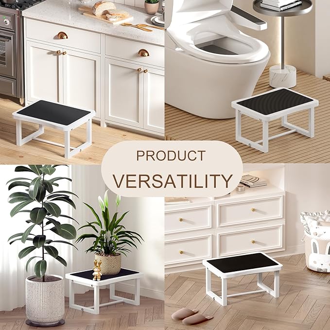 Wooden Step Stool with 500 Pounds, Wide Bed Step Stool for Adults，Wood White Step Stool&Stable Solid Metal Frame for Kitchen, Bedroom, Living Room, Bathroom