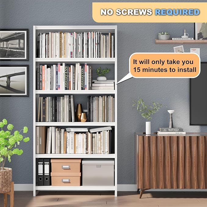 5-Tier Bookshelf, White Bookshelf with Storage Shelves, Metal Bookshelves, 69" Tall Bookcase for Living Room, Library, Office, Bedroom, Including Book Stopper,Simple Assembly