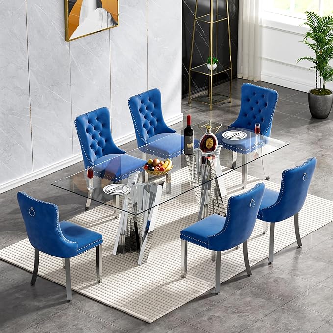 Goujxcy Modern 7 Piece Glass Dining Table Set Luxury Glass Kitchen Table and Chair Set for 6, 70" Large Rectangular Dining Room Table with 6 Tufted Chairs and Stainless Steel Legs (Silver & Blue)