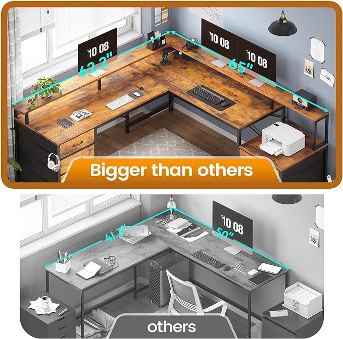 SEDETA L Shaped Desk with 6 Drawer, 108" Home Office Desk with File Drawer & Power Outlet, Corner Computer Desk with Monitor Shelf, Two Person Desk, Gaming Desk with Led Lights, Rustic Brown