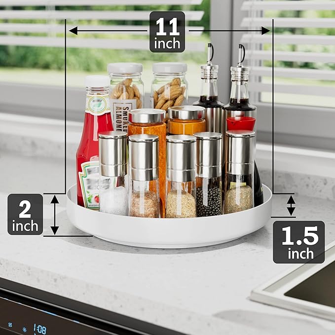 Ovicar Lazy Susan Cabinet Organizer - 11 inch Metal Turntable Lazy Susan for Kitchen Spice Rack Pantry Cupboard Bathroom Countertop Refrigerator Table Storage, White