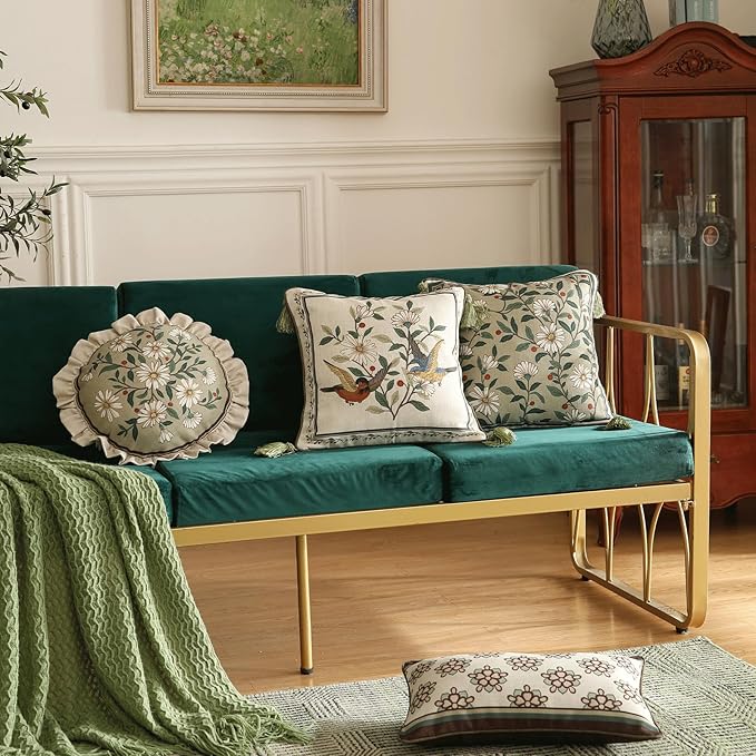 Design Square Bird Floral Linen Throw Pillow Covers 18"x18" Pack of 2, White Simple Elegant Daisy Pattern Cushion Covers Decor Pillowcases for Bed,Living Room,Outdoor,Car