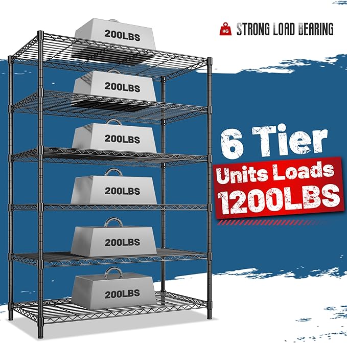 6 Tier Metal Shelving 75" H Adjustable Storage Shelves, 1200LBS Wire Shelving Unit for Storage Rack, Metal Shelves for Pantry Shelves, Garage, Kitchen, 75" Hx 36" Wx 18" D
