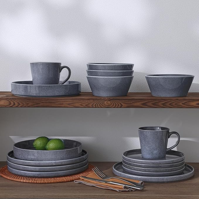 Famiware Annecy Plates and Bowls Sets, Stoneware Dinnerware Sets for 4, 12 Pieces Dish Set with Lipped Edges, Chip and Scratch Resistant, Microwave and Dishwasher Safe, Misty-Blue