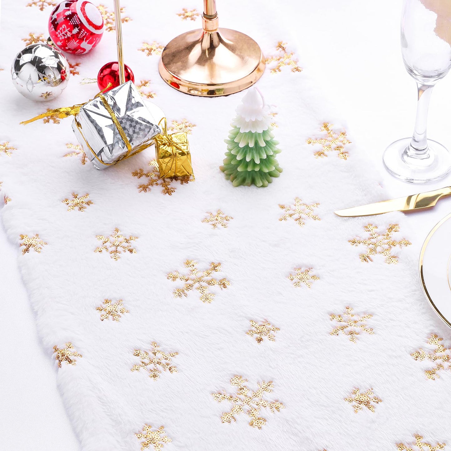 Faux Fur Table Runner Christmas Table Runner 108 Inches Long Gold Snowflake Table Runner for Winter Snowy Party Home Holiday 13 x 108 Inch Christmas Runner for Table Decorations