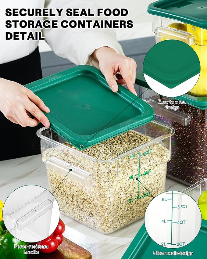 12QT NSF Food Storage Containers: 6PCS [Food Grade][Hot&Cold Resistant] Commercial Clear Food Storage Containers with Lids for Restaurant Kitchen Proof Dough, Measuring Spoons Included(GREEN)