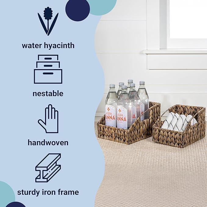 happimess BSK1007B-2SET Havanah Southwestern Handwoven Hyacinth Slanted Pantry Wicker Storage Baskets with Handles, Brown (Set of 2), Seagrass Containers for Decoration in Living Room, Bedroom