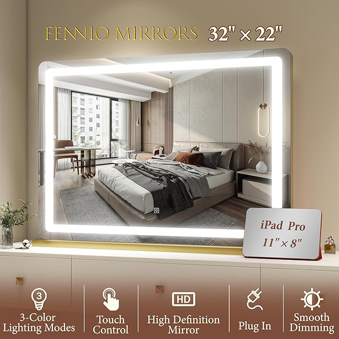 FENNIO Vanity Mirror with Lights 32"x22", Lighted Makeup Mirror, Large Vanity Mirror with Lights, Touch Sensor with 3 Color Lighting,USB Charging Port for Vanity Desk Tabletop（Gold）