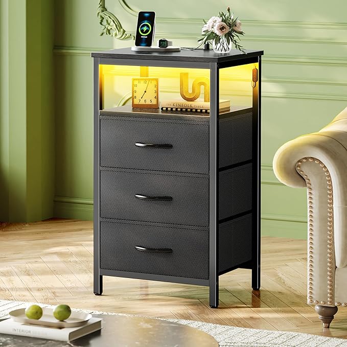 Huuger Night Stand with Charger Station and LED Lights, 3 Drawer Nightstand, Bed Side Table with Open Shelf, End Table, Tall Fabric Dresser for Bedroom, Black