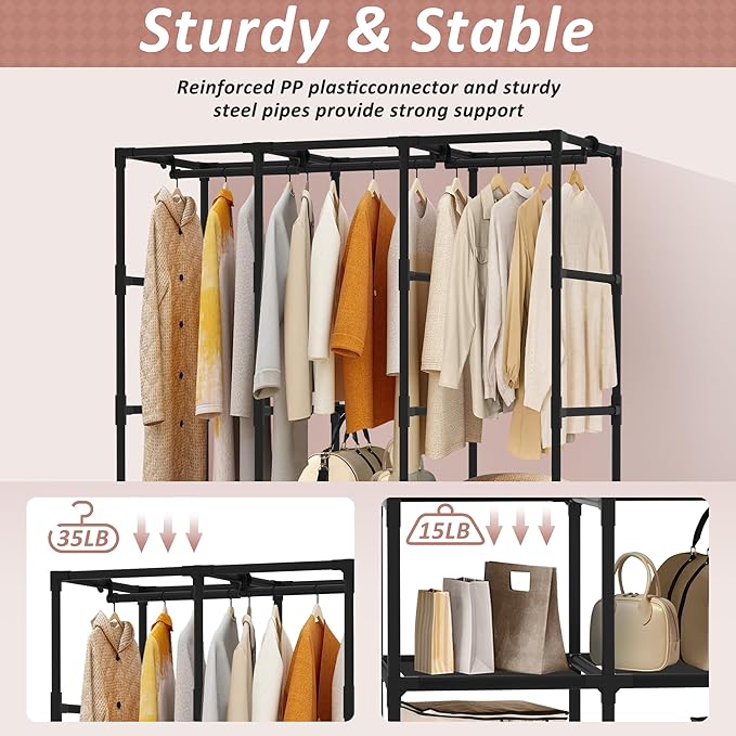 Wardrobe Closet, Quick and Easy Assembly, Black Large Capacity Portable Closet with 3 Hanging Rods 6 Storage Shelves and 8 Side Pockets, Clothes Rack with Cover, for Bedroom and Living Room