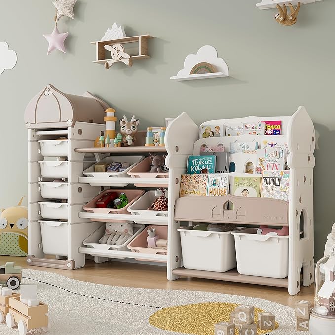 Kids Toy Storage Organizer with 13 Removable Bins, 4-Tier Bookshelf for Kids, Multi-Purpose Castle-Shaped Toy Organizer for Playroom, Bedroom, Nursery, Living Room (Cream)