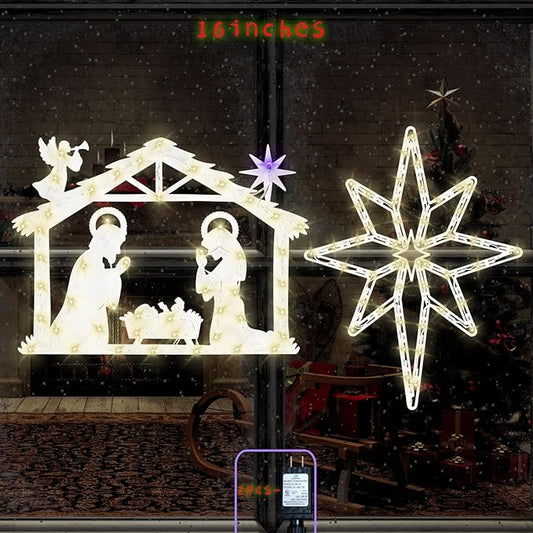 Christmas Decorations 17" Christmas Window Silhouette Lights - 2 Pack Nativity Scene with Lights ＆ Lighted Bethlehem Star for Holiday Indoor and Outdoor Wall Door Window Decorate