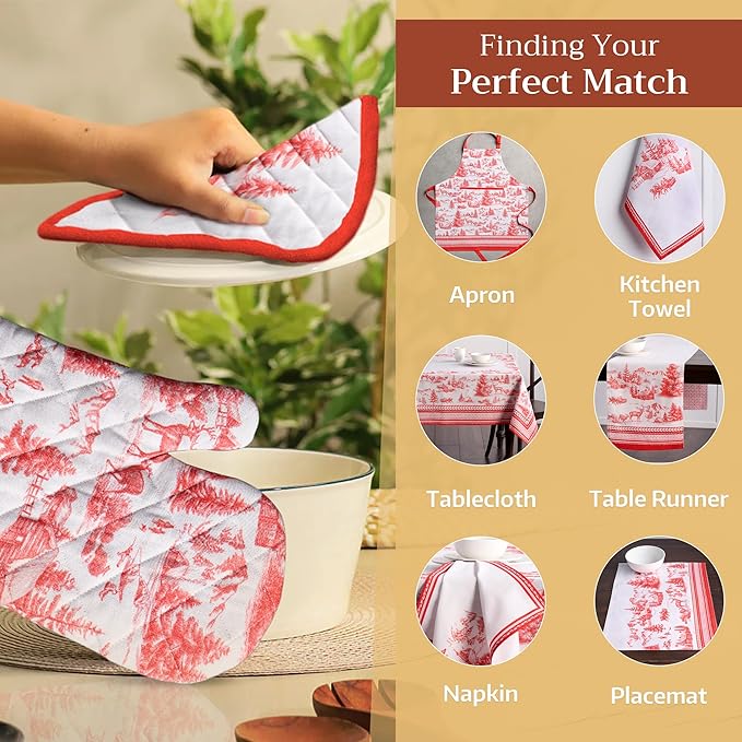 Maison d' Hermine Oven Gloves 100% Cotton Oven Mitt 7" x 13" with Loop Heat Resistant BBQ Cooking Gloves for Thanksgiving Christmas Decorations Baking Handling Hot Pans (Pack of 1, Winter Jouy)