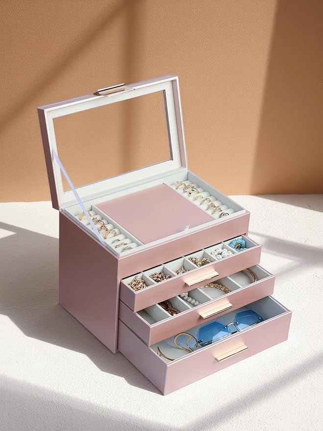 BOOVO Jewelry Boxes for Women, White and Black 4 Layer Large Jewelry Box for Necklace, Bracelet, Earrings, Rings Storage, Jewelry holder Organizer for Girls Gift (Rose gold, 4 layer)
