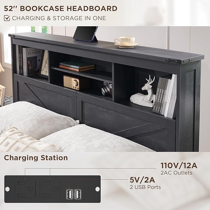 ACCOHOHO Farmhouse Full Size Bed Frame with 52" Tall Storage Headboard and LED Light,Wood Platform Bed Frame with 4 Drawers and Charging Station,Solid Wood Slats Support,No Box Spring Needed,Black