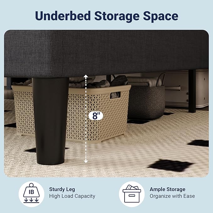 Allewie King Size Bed Frame, Storage Headboard with Charging Station,Wingback Linen Upholstered, Diamond Stitched Button Tufted, Sturdy Wooden Slats, No Box Spring Needed, Easy Assembly, Dark Gray