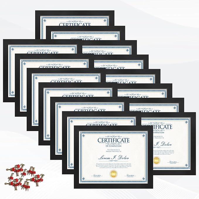 8.5x11 Picture Frame set of 15, Multi Certificate 8.5 by 11 Picture Frames Bulk, Document Diploma Award Frame for Wall Hanging or Tabletop Display, Black