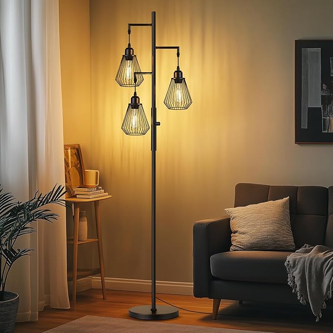 QiMH Industrial Floor Lamps for Living Room, Tree Standing Lamp with Stepless Dimmable, 68" Modern Tall Lamps for Bedroom Study Home Office, Rotary Switch, 3 LED Bulb Included, Black