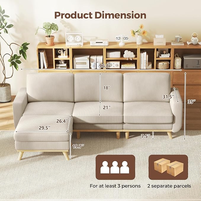 Vesgantti 97" Modular Sectional Sofa Light Gray, L-Shaped Couch with Movable Ottoman, Comfy Corduroy Couch with Spring Cushion, Modular Sofa with Deep Seat for Living Room, Bedroom and Apartment
