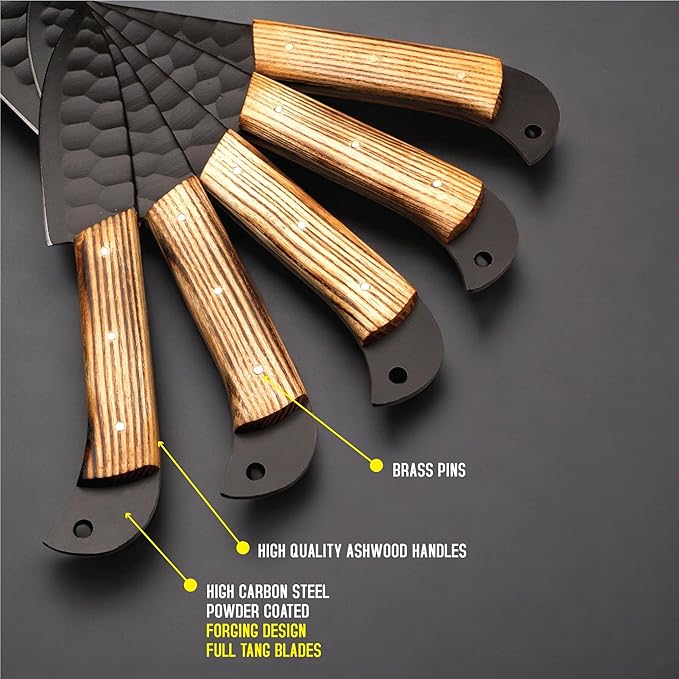 5 PCS Handmade Kitchen Chef Knife Set Hand Forged High Carbon Steel Blade Ashwood Handle With Leather Bag Kit set included (Chef, Cleaver, Butcher, Paring knife, Fillet knife, Utility Knife)