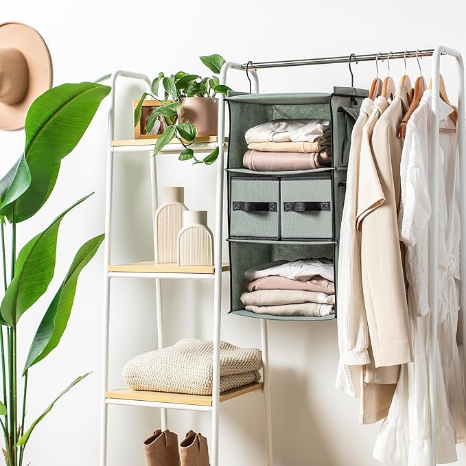 SMIRLY 6 Shelf Hanging Closet Organizer Hanging Shelves, Closet Hanging Organizer with 2 Sturdy Hooks for Wardrobe, Nursery, Storage (Grey, 3 Shelf)