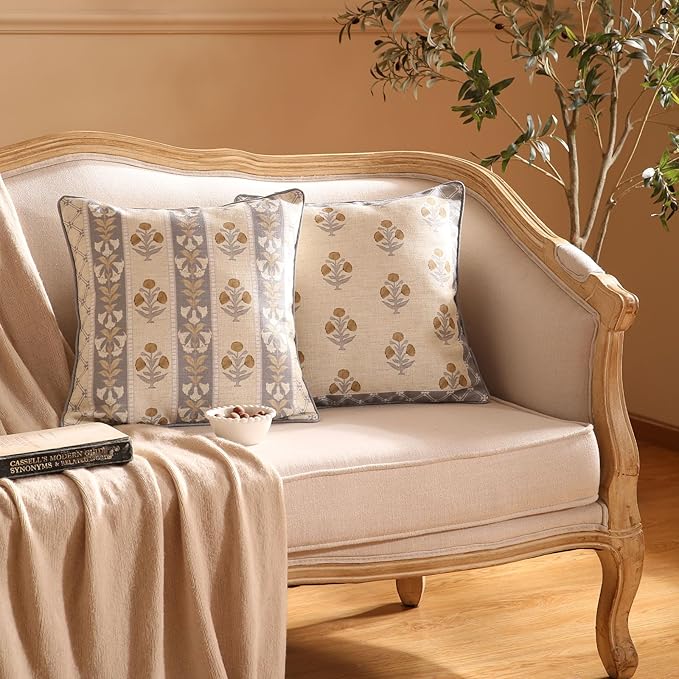 patdrea Designer Square Throw Pillow Covers Set of 2,Rustic Linen with Elegant Grey Blue Floral Pattern Pillows Cover,Decorative Pillowcases Cushion for Bed Living Room Outdoor Car,18 x18 Inches