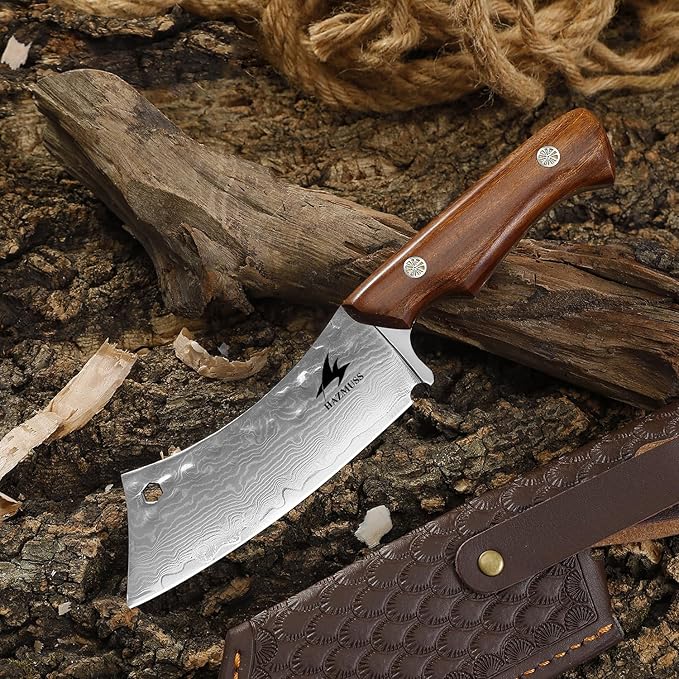 Kitchen Utility Knife, 4.3 Inch - Damascus Steel Carving Knife with Leather Scabbard, Ergonomic Full Tang Handle for Home Kitchen Cooking Outdoor Camping BBQ