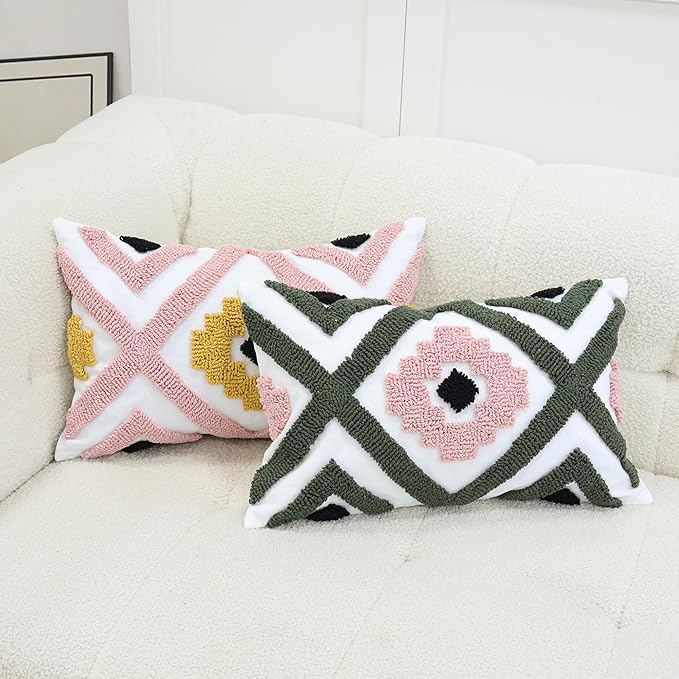 Boho Accent Lumbar Pillow Covers 12x20 - Tufted Abstract Modern Throw Pillow Covers, Farmhouse Decorative Pillowcase for Couch, Sofa, Bed, Living Room -Green Pink Black Geometric