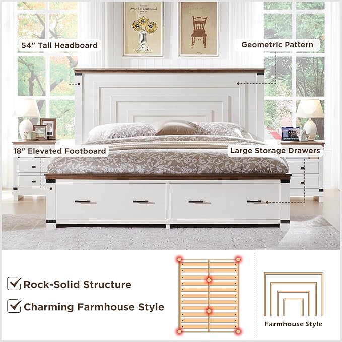 RedLemon Farmhouse Queen Size Bed Frame w/ 54" Tall Geometric Headboard, Rustic Wood Platform Bed w/ 2 Large Storage Drawers, Wood Slats Support, Noise Free, No Box Spring Needed, Antique White