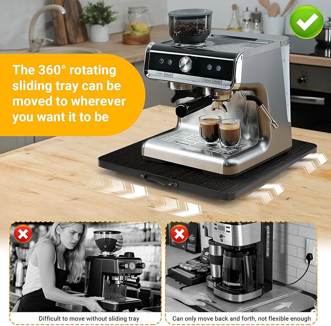 360° Rotatable Sliding Tray for Kitchen Appliances, Wooden Sliding Tray for Coffee Maker, Coffee Pot Slides for Countertop Installation, Easy to Slide (Black, Large)