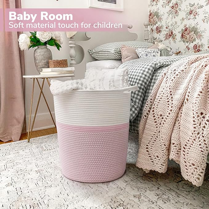 INDRESSME Cotton Basket 17¾ x 15¾ x 13¾ inches Woven Hamper Pink Girl Basket for Gift Toy Blanket Corner Baskets in living Room